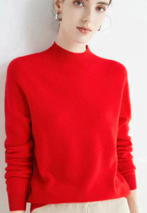 Driftly red ribbed mock neck knit sweater on model