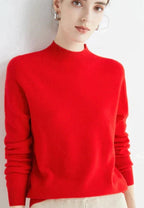 Driftly red ribbed mock neck knit sweater on model