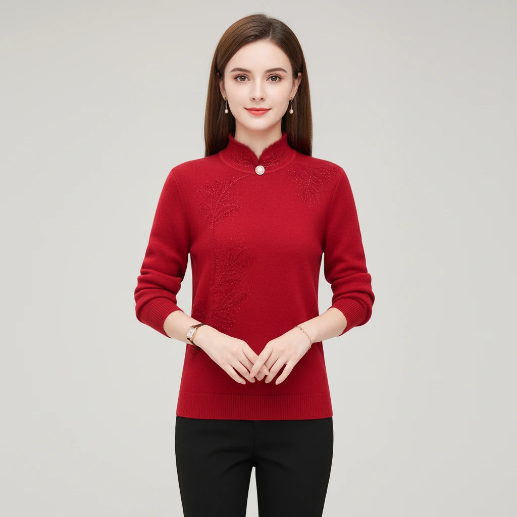 Woman wearing red high-collar sweater with printed button detail, studio photo