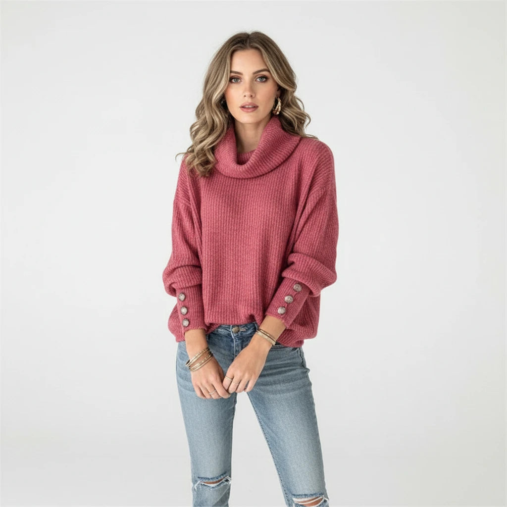 Woman wearing red ribbed cowl neck sweater with button cuffs, studio photo