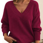 Red cashmere V-neck balloon sleeve sweater on model