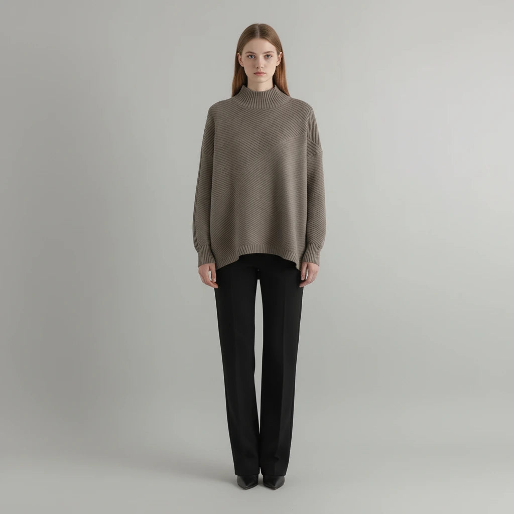 Taupe diagonal rib oversized mock neck sweater, front view