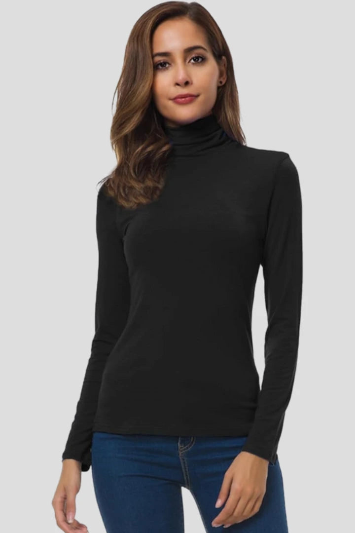 Woman wearing a black turtleneck long sleeve plain sweater - studio photo