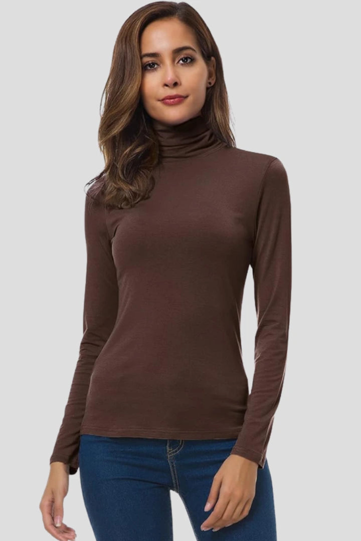 Woman wearing a coffee turtleneck long sleeve plain sweater - studio photo