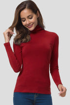 Woman wearing a red turtleneck long sleeve plain sweater - studio photo