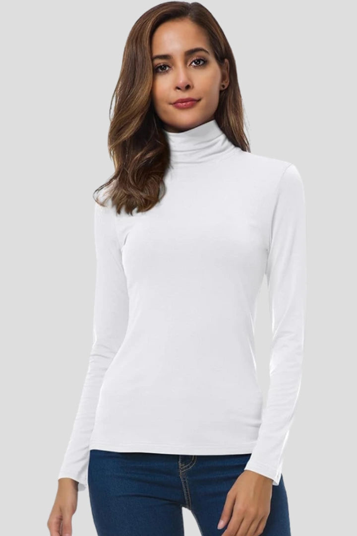 Woman wearing a white turtleneck long sleeve plain sweater - studio photo