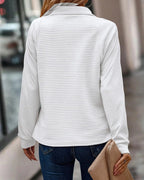 White ribbed quarter-zip sweater with raised collar, flat lay