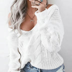 Close-up of white oversized openwork sweater with cable texture