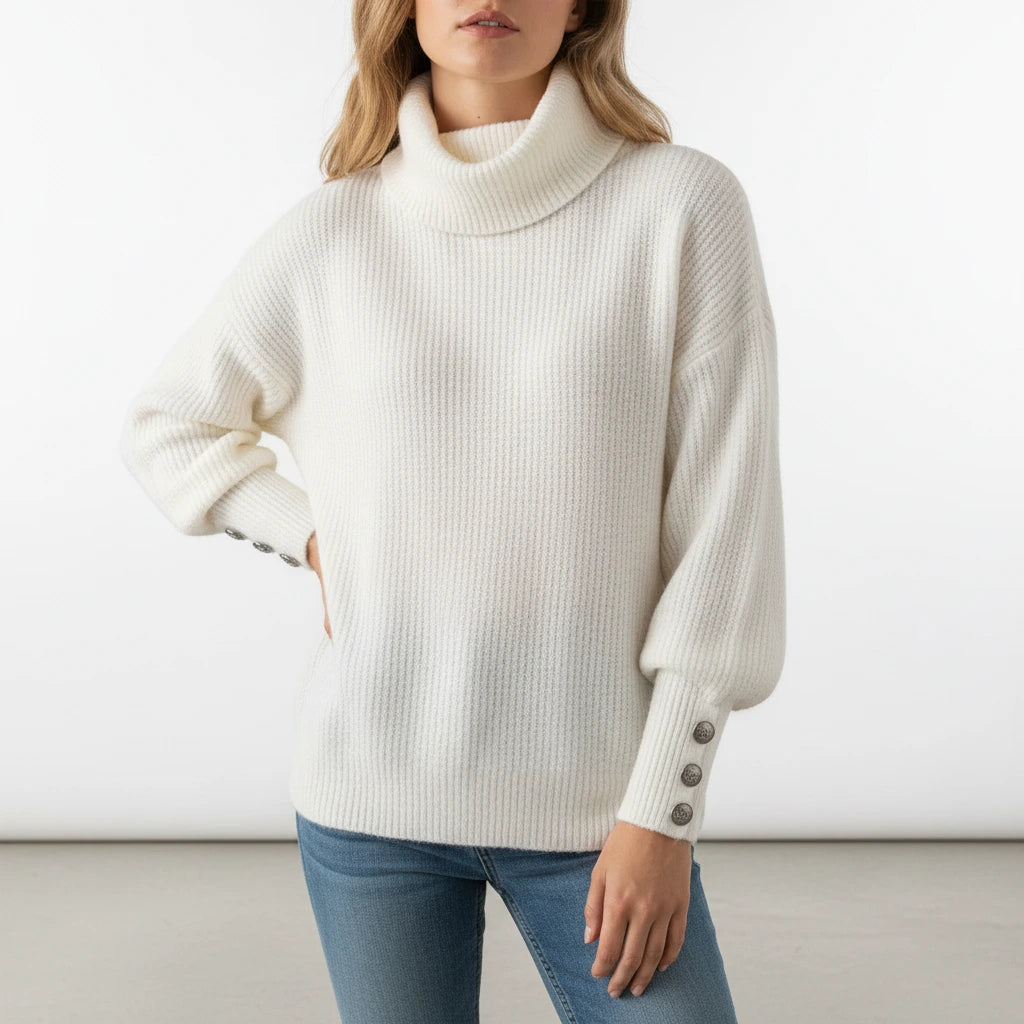 Woman wearing white ribbed cowl neck sweater with button cuffs, studio photo