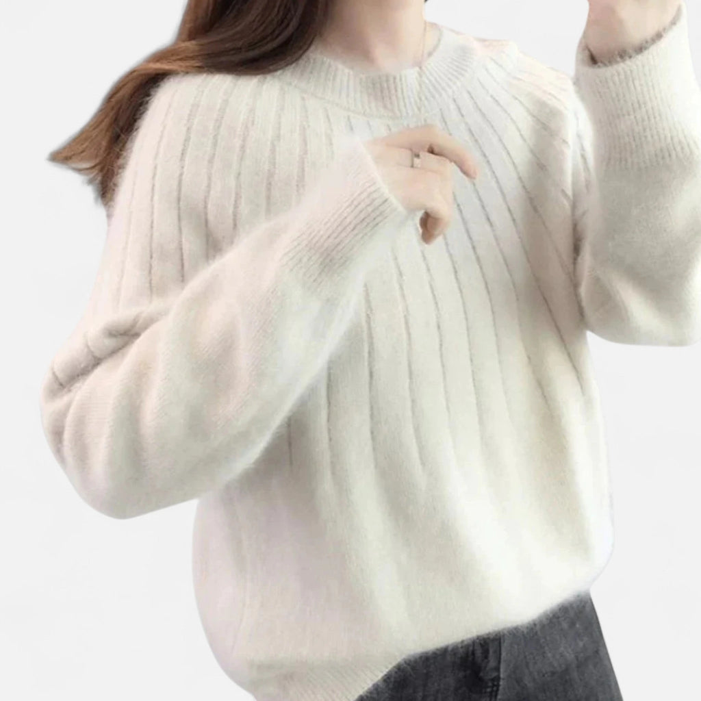 White ribbed knit crew neck sweater, front view