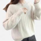 White ribbed knit crew neck sweater, front view