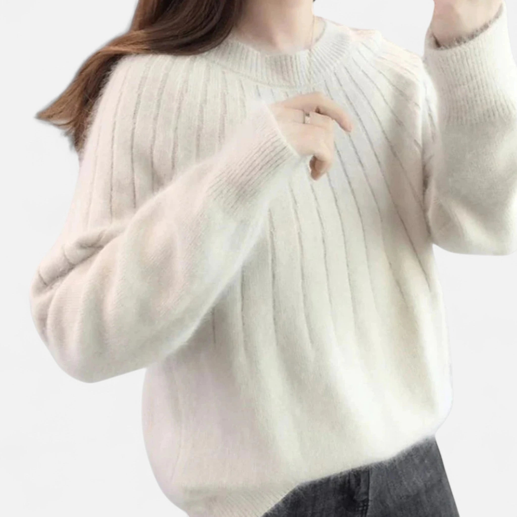 White ribbed knit crew neck sweater, front view