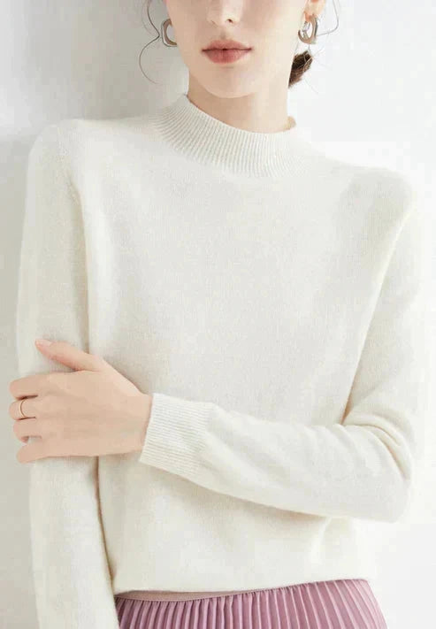 Driftly white ribbed mock neck knit sweater on model