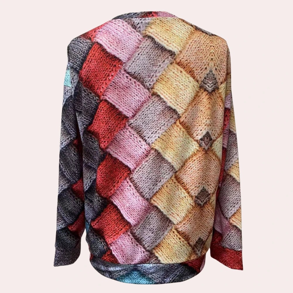 Front view of wine red colorblock diamond knit sweater with long sleeves