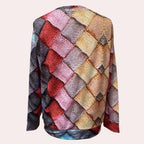 Front view of wine red colorblock diamond knit sweater with long sleeves