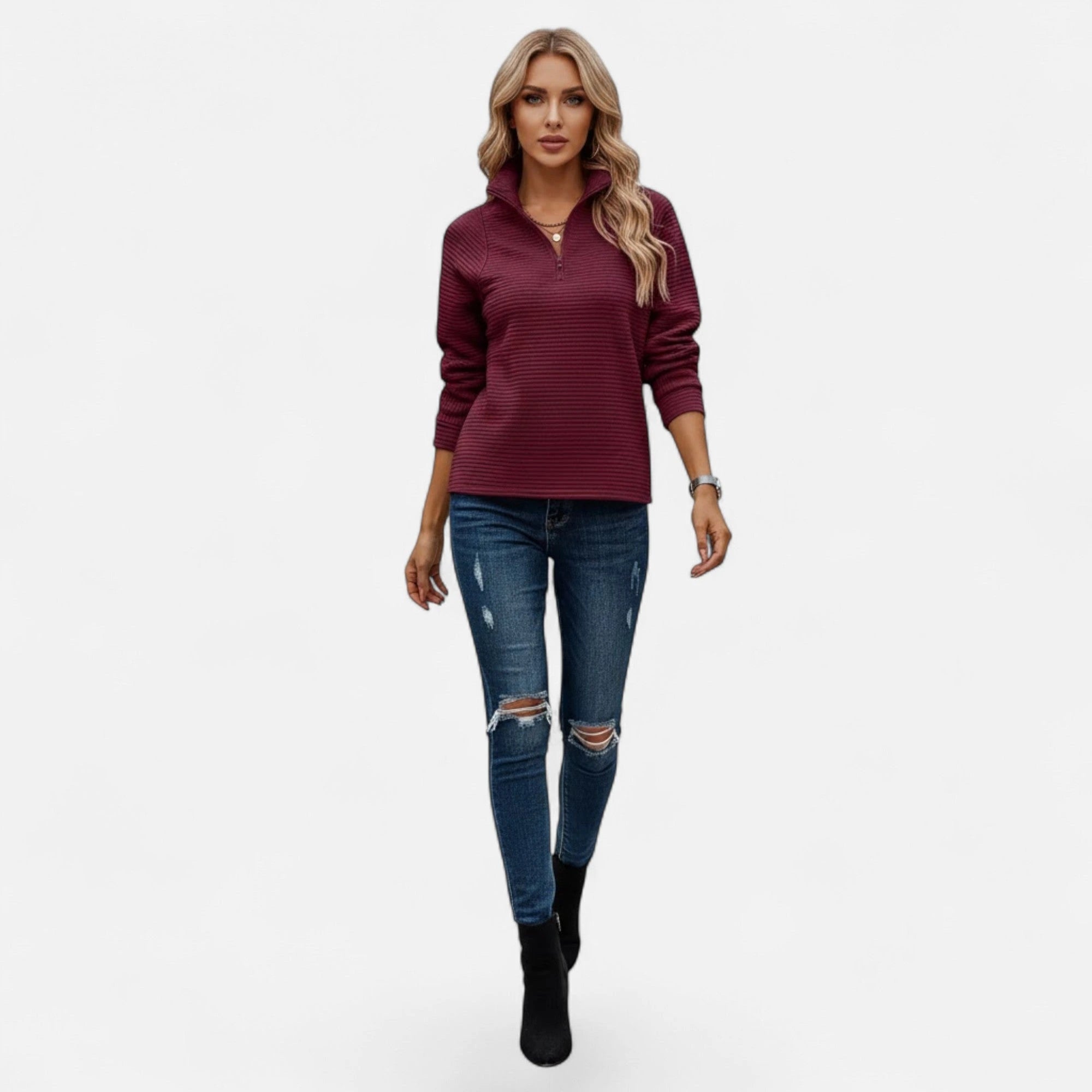 Woman wearing wine red zipper stand-collar ribbed knit sweater