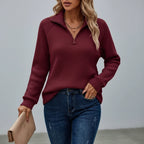 Wine red ribbed quarter-zip sweater, front view