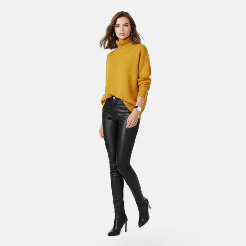 Yellow oversized turtleneck sweater on model