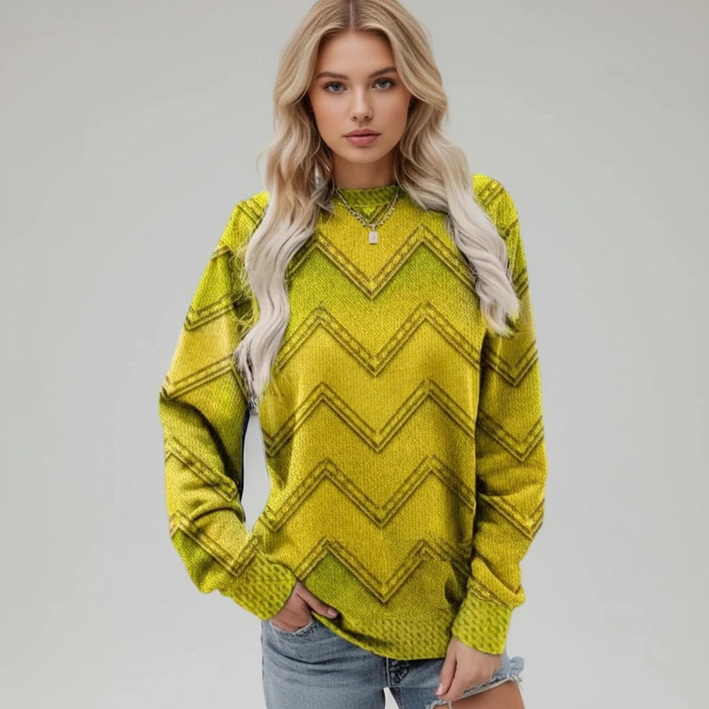 Yellow green chevron patterned crew neck sweater, front view