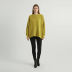 Yellow green diagonal rib oversized mock neck sweater, front view