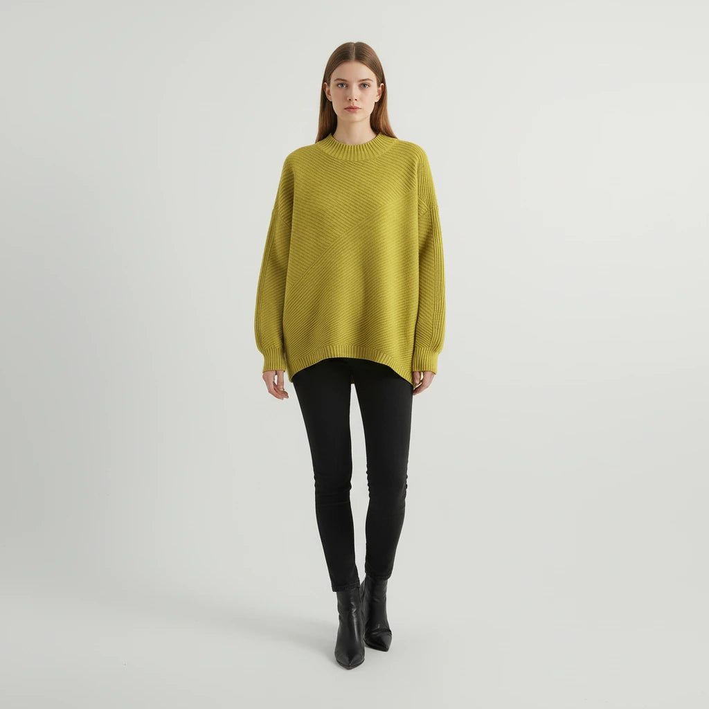 Yellow green diagonal rib oversized mock neck sweater, front view