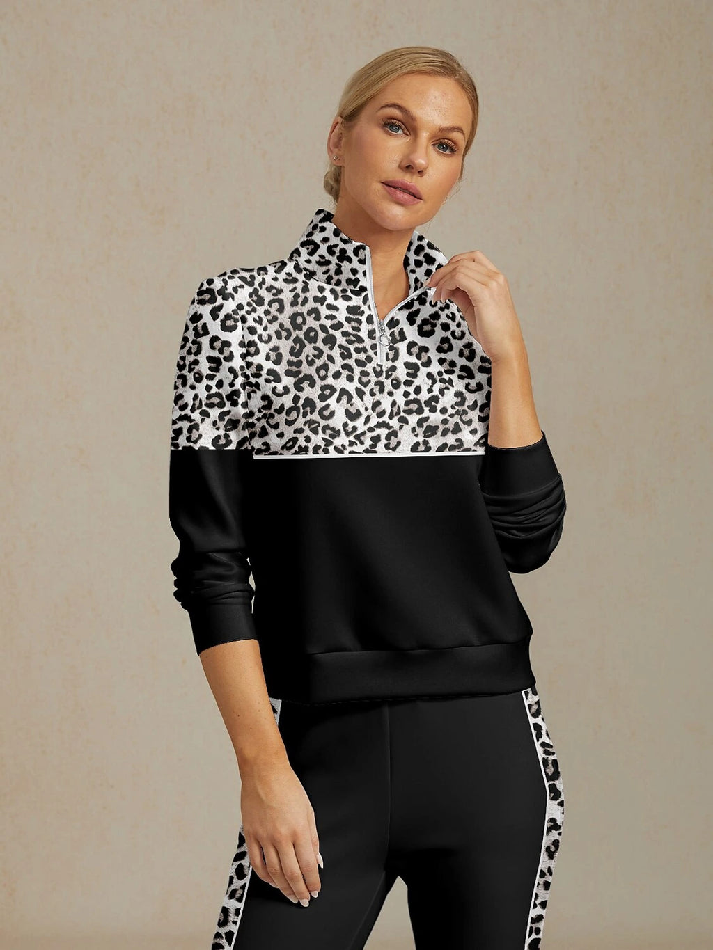 Black and white leopard print golf sweatshirt, front view