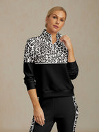 Black and white leopard print golf sweatshirt, front view