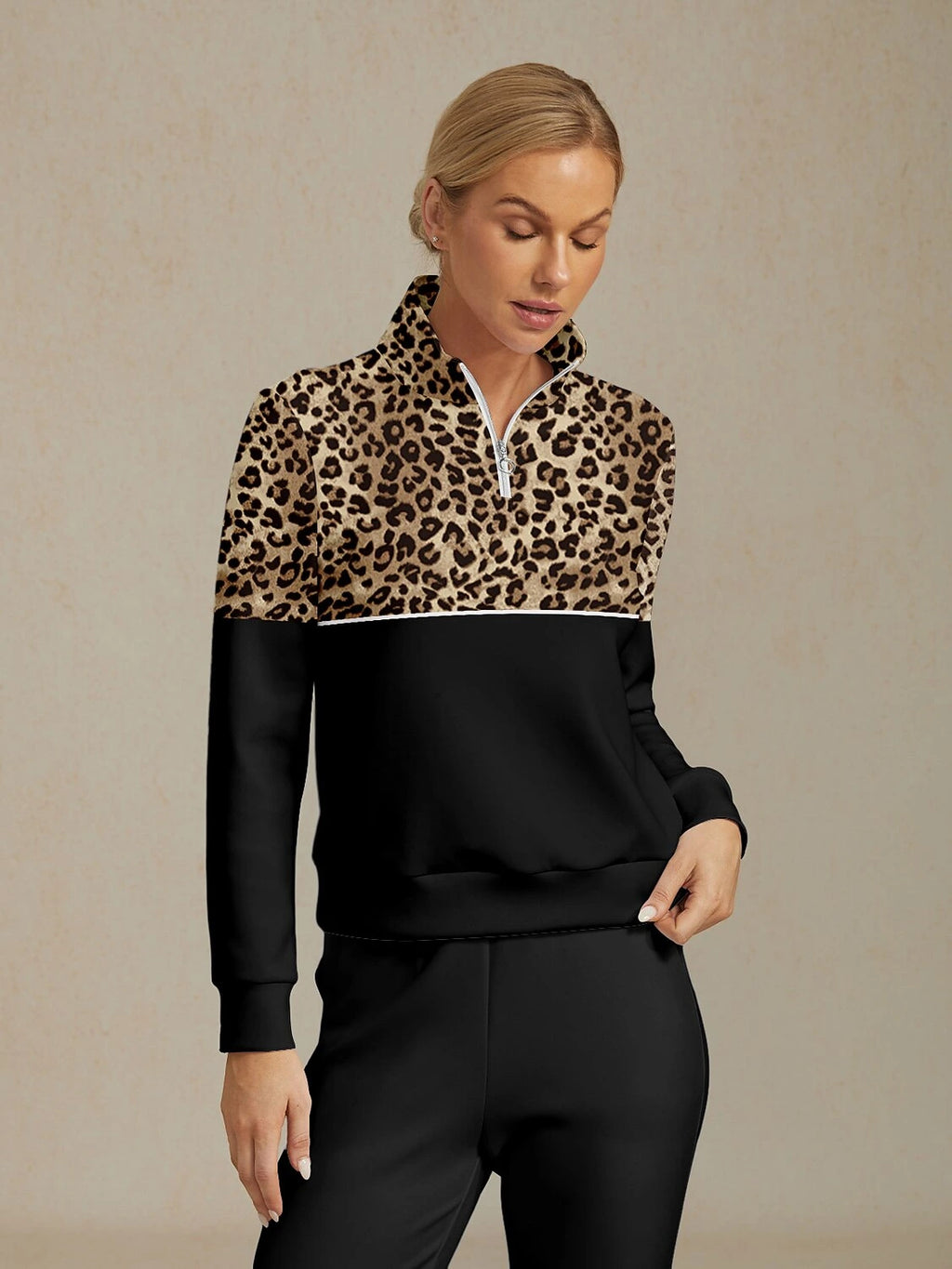 Brown leopard print quarter-zip golf sweatshirt, front view