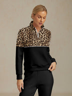 Brown leopard print quarter-zip golf sweatshirt, front view