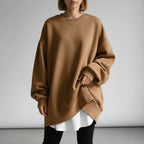 Brown oversized crew neck sweatshirt with dropped shoulders, front view
