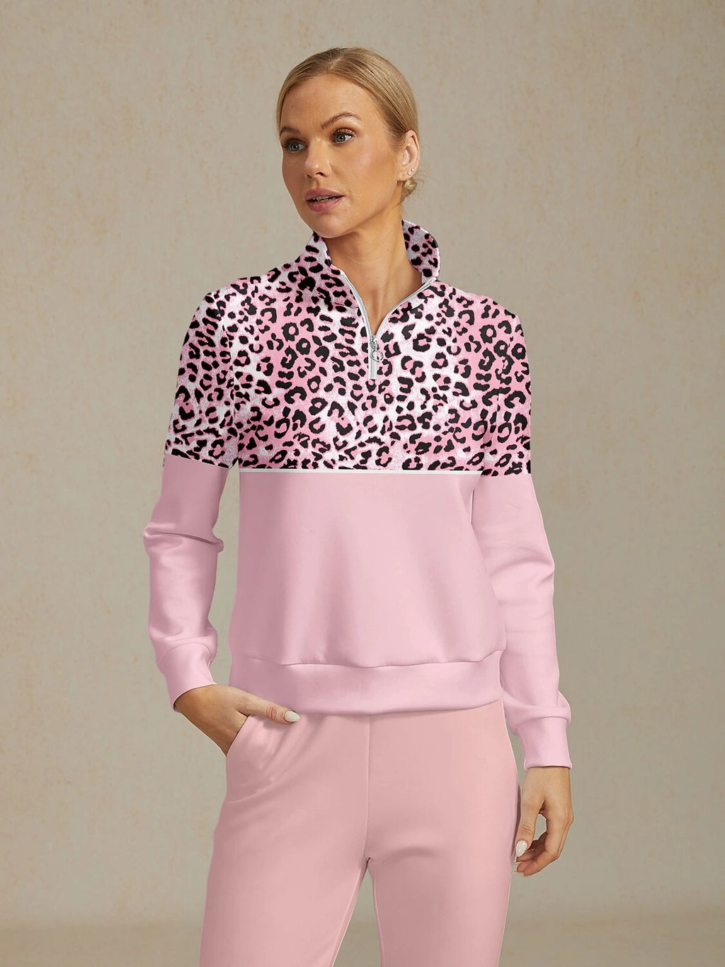 Dark pink leopard print golf sweatshirt, front view