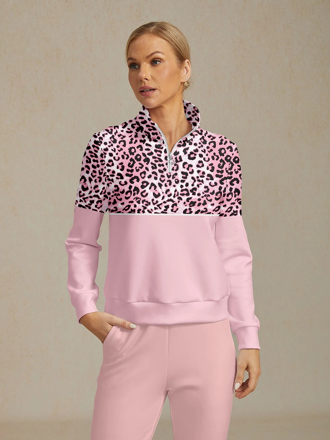Dark pink leopard print golf sweatshirt, front view