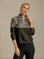 Plain olive green quarter-zip golf sweatshirt, flat lay