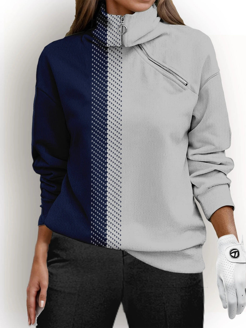 Navy and grey colour-block quarter-zip golf sweatshirt, close-up front view