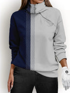 Navy and grey colour-block quarter-zip golf sweatshirt, close-up front view