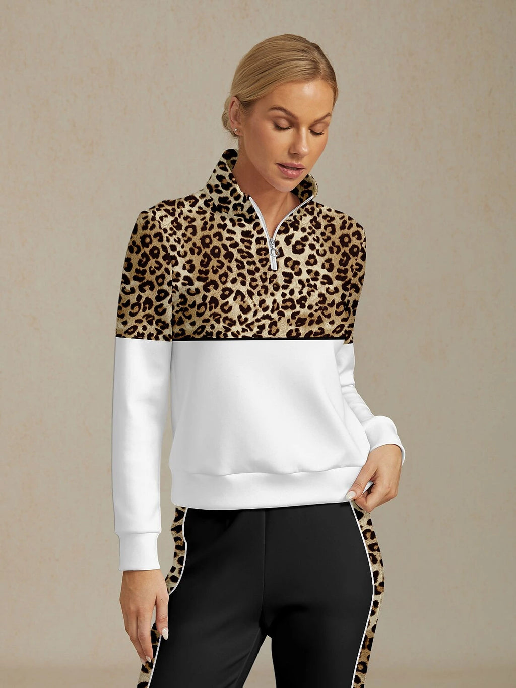 White leopard print colourblock golf sweatshirt, front view