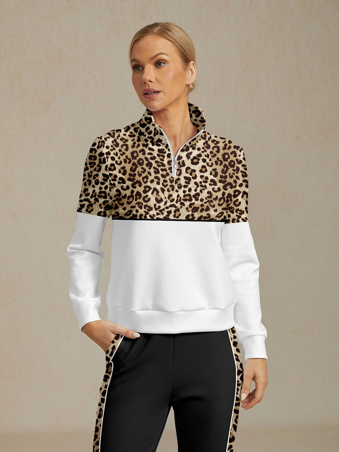 White leopard print golf sweatshirt, full body