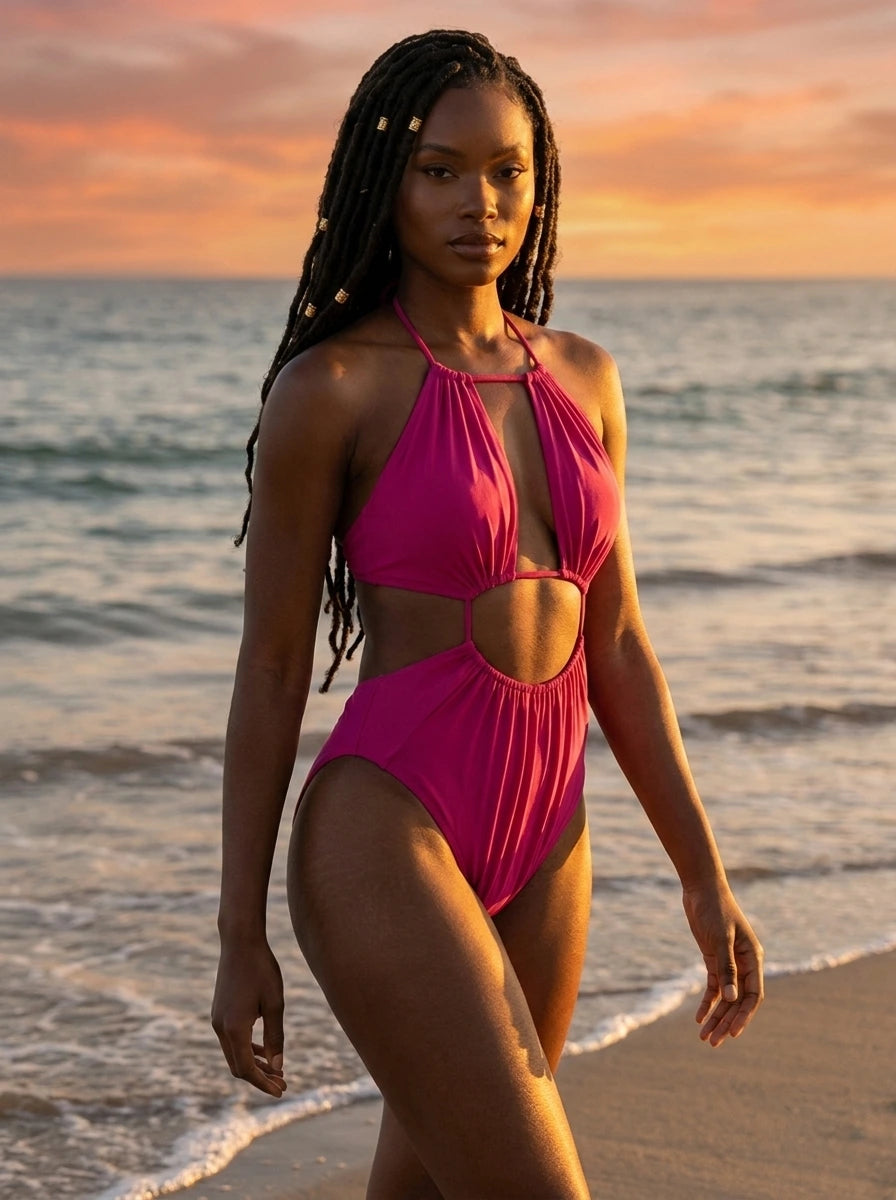 Close-up of woman wearing a magenta pink cut-out one-piece swimsuit at the beach during golden hour