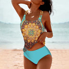 Woman wearing a blue high-waisted stretch quick-dry tankini set - lifestyle photo