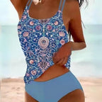 Woman wearing a dark blue high-waisted stretch quick-dry tankini set - lifestyle photo