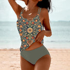 Woman wearing a green high-waisted stretch quick-dry tankini set - lifestyle photo