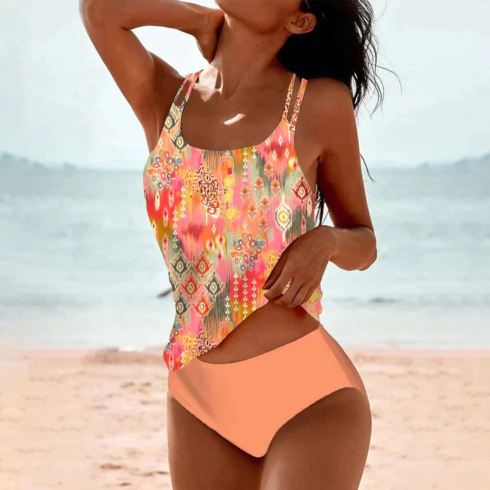 Woman wearing a orange high-waisted stretch quick-dry tankini set - lifestyle photo