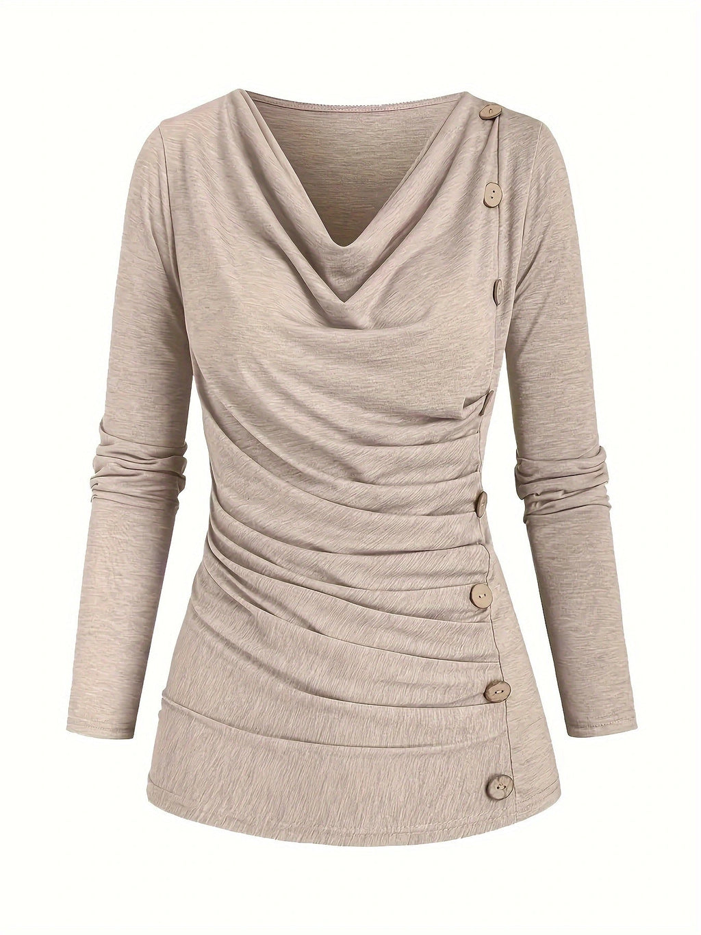 Beige draped cowl neck ruched top with side buttons, front view