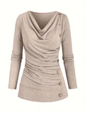 Beige draped cowl neck ruched top with side buttons, front view