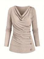 Beige draped cowl neck ruched top with side buttons, front view