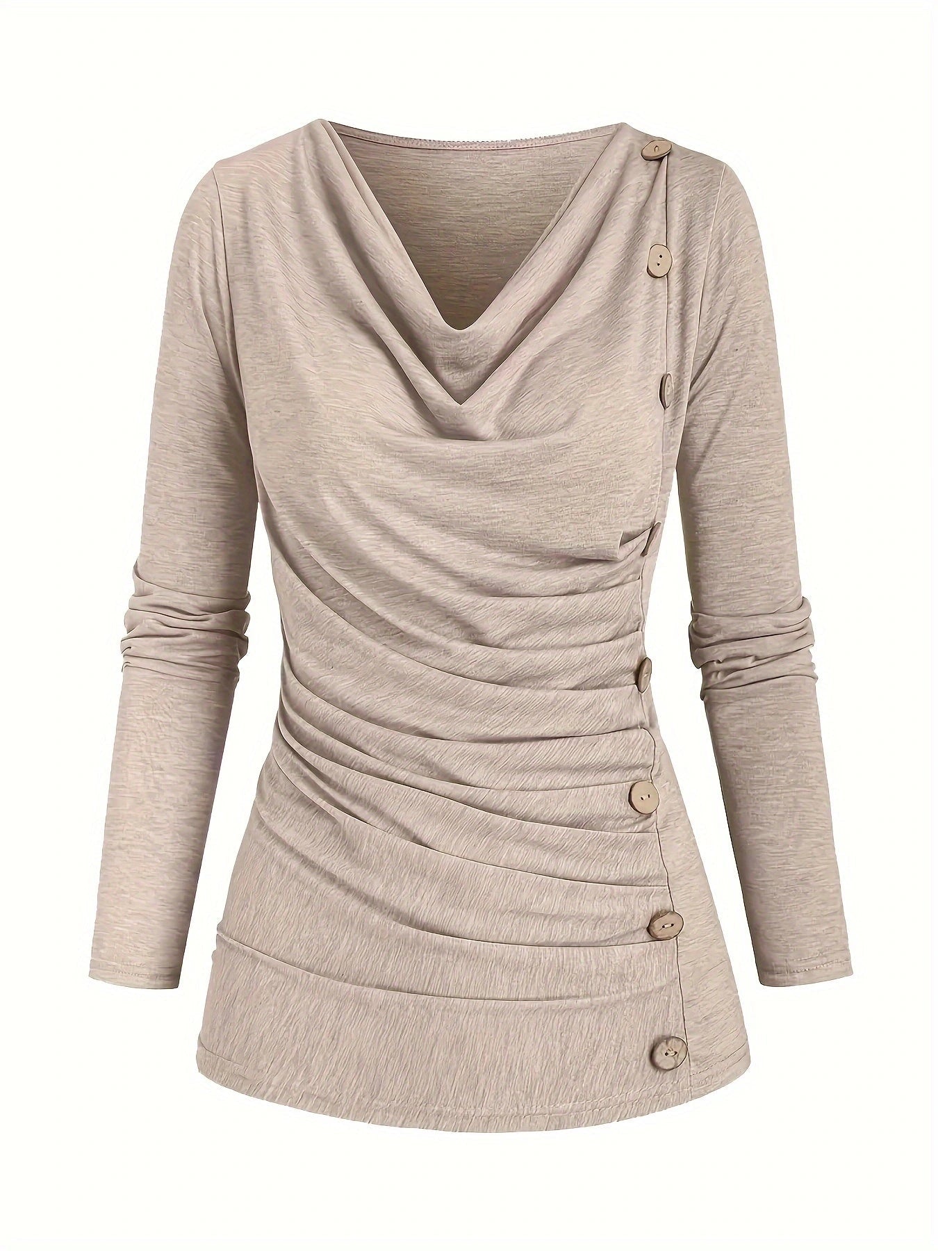 Beige draped cowl neck ruched top with side buttons, front view