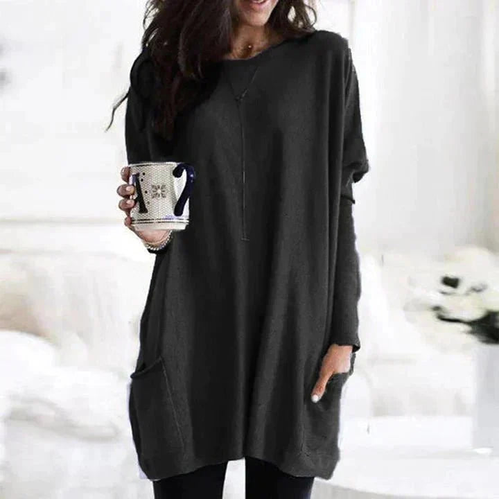 Black long sleeve oversized pocket top on model