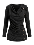 Black draped cowl neck ruched top with side buttons, front view