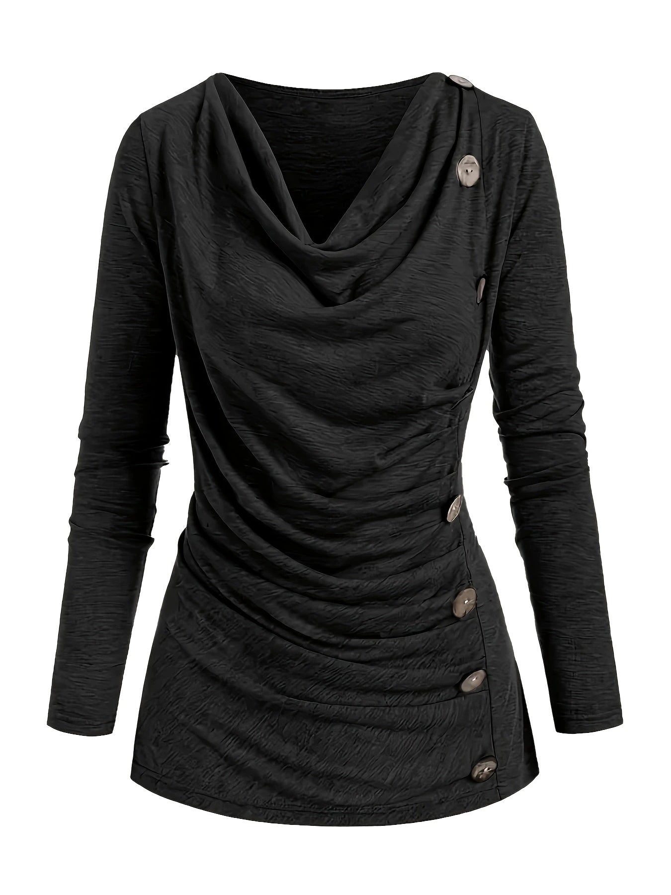 Black draped cowl neck ruched top with side buttons, front view
