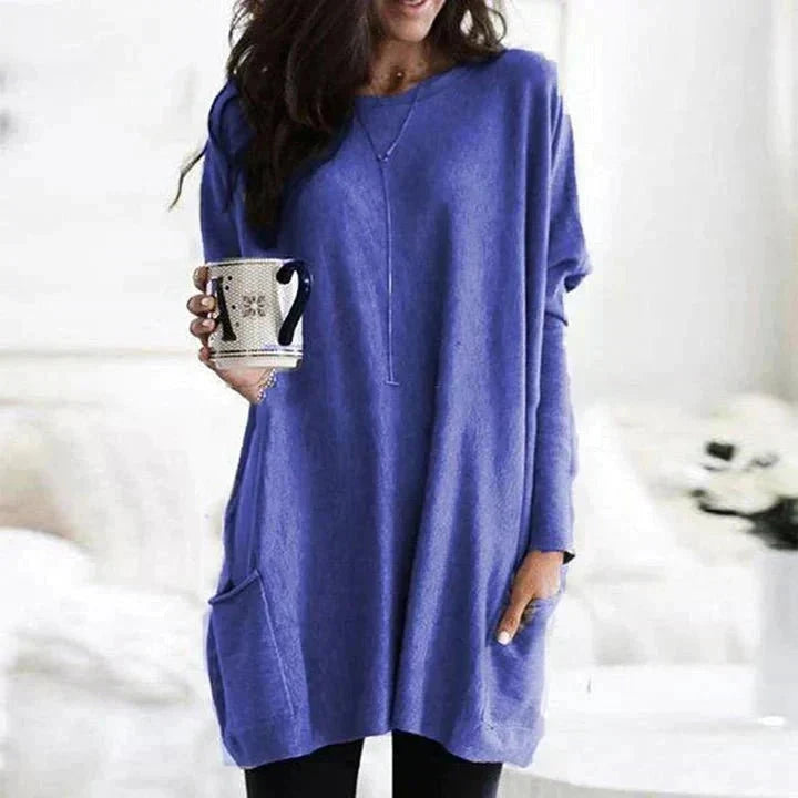 Blue long sleeve oversized pocket top on model